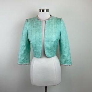 Sonia Pena Mint Green Pearl Beaded Accent Open Front Jacket Evening Cocktail